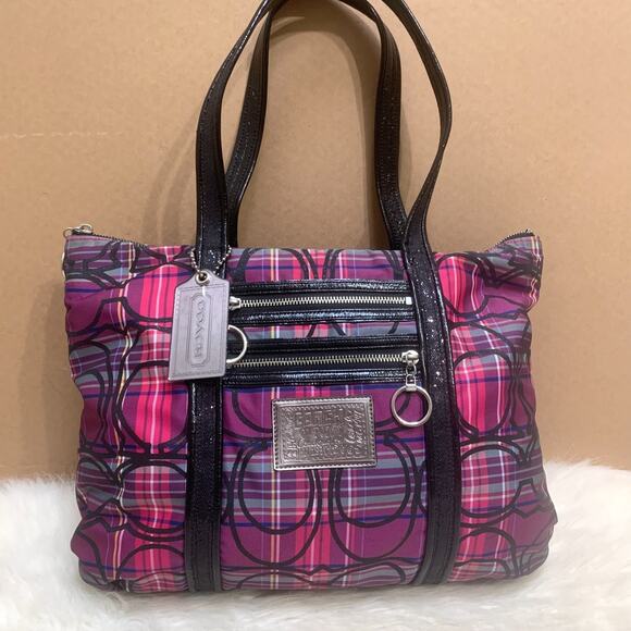COACH POPPY Purple/Pink Tartan Plaid Glitter Outline Signature GLAM Tote #14360 - Picture 1 of 16